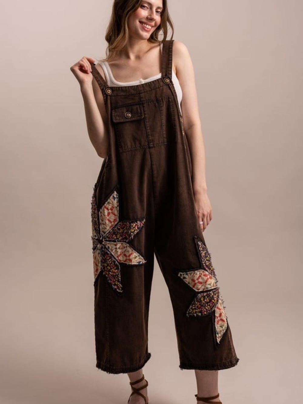 Women's Brown Patchwork Wide-Leg Denim Overalls